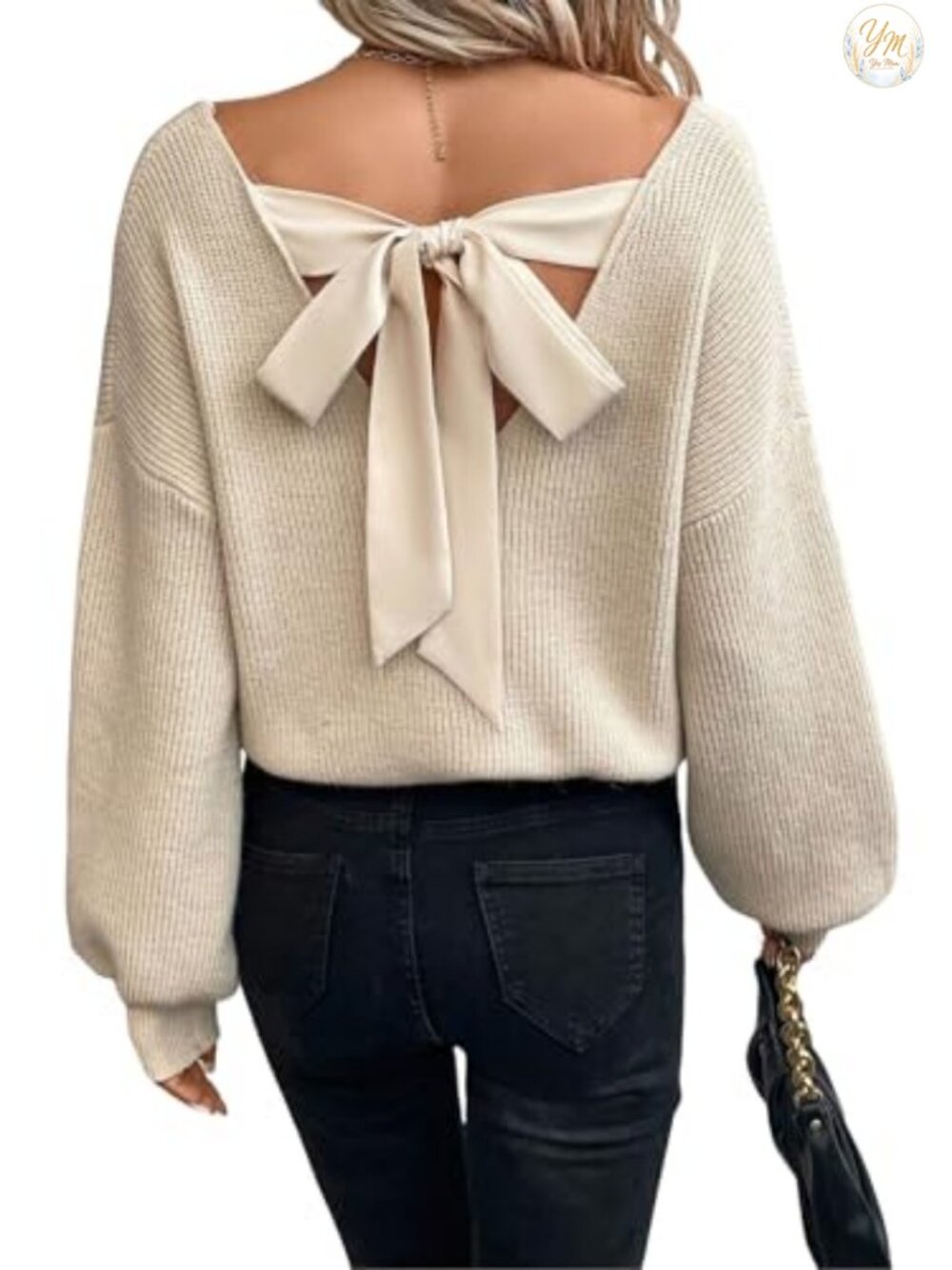 Women's V-Neck Tie Back Long Sleeve Knit Sweater - Fitted Pullover Top